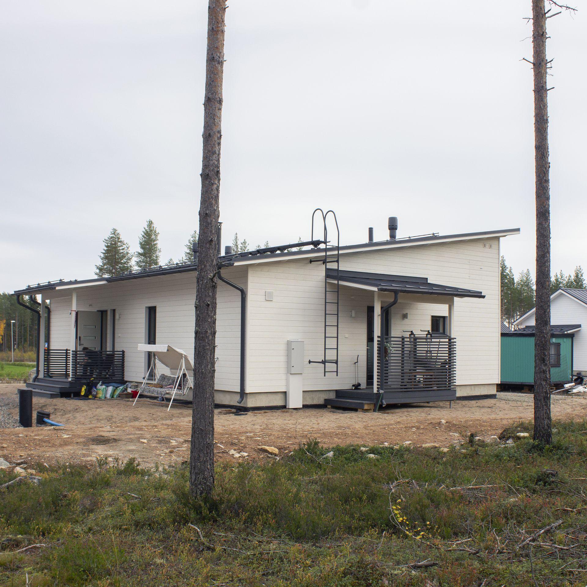 Omatalo maalattuna valkoiseksi, kaiteet ja terassit tummanharmaat.